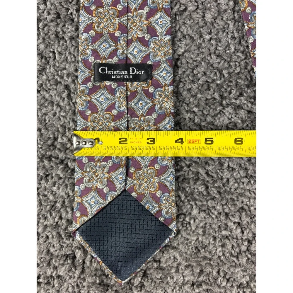 Christian Dior Monsieur Vintage Silk Tie Purple Geometric Medallion Italy Fabric